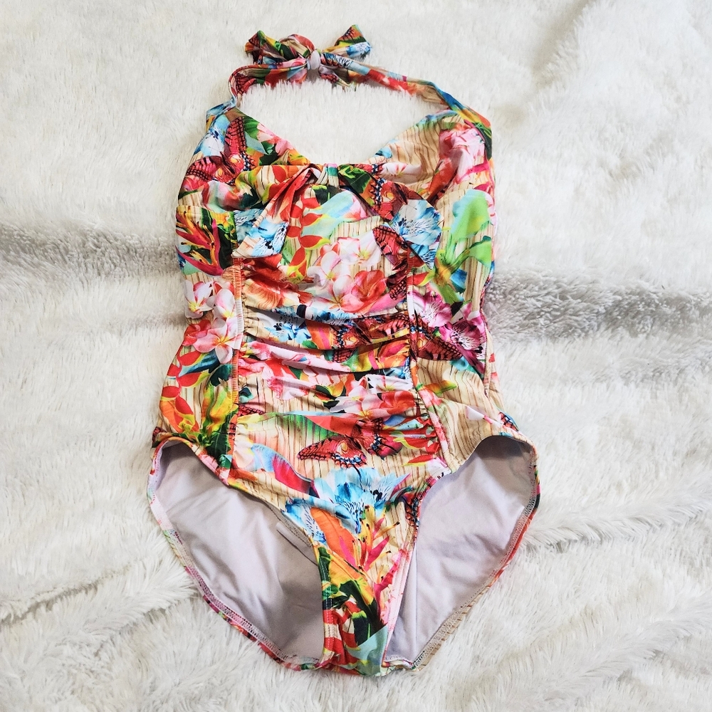 Seafolly Australia bright colorful floral butterfly ruched one piece swimsuit 12